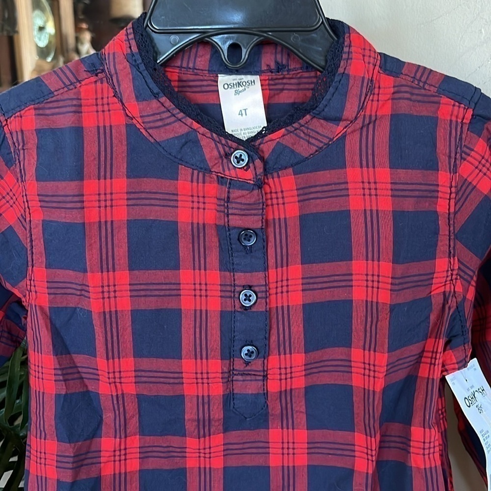 Brand New OshKosh B’Gosh Red & Navy Blue Plaid Shirt Button Up Cotton Blouse - Picture 6 of 10
